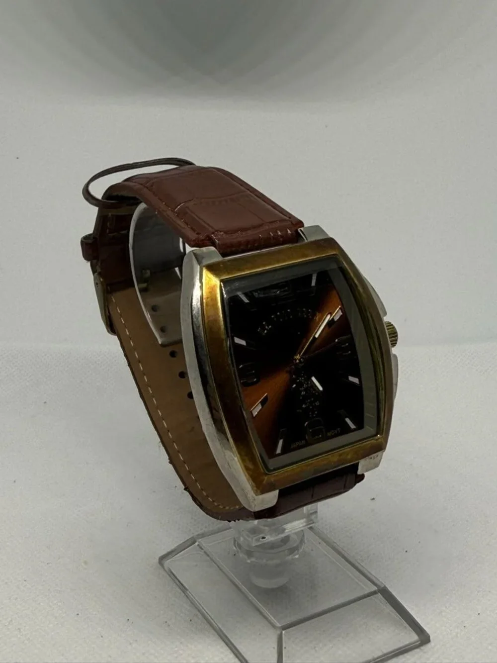 U.S. Polo Assn. Men's Rectangular Gold-Tone Watch Brown Leather Strap USC2117